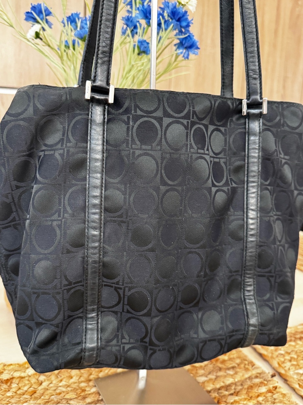 Authentic Salvatore Ferragamo Gancini Logo Canvas & Leather Tote Shoulder Bag